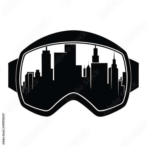 Silhouette of a VR headset with a cityscape reflection on white background