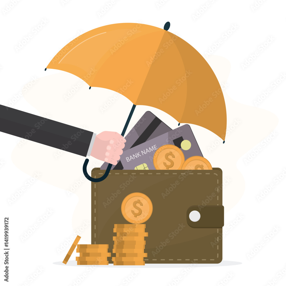 Fototapeta premium Businessman or banker hand holding umbrella and cover wallet with money. Secured banking, financial insurance. Deposit, savings protection, financial risk and safety.