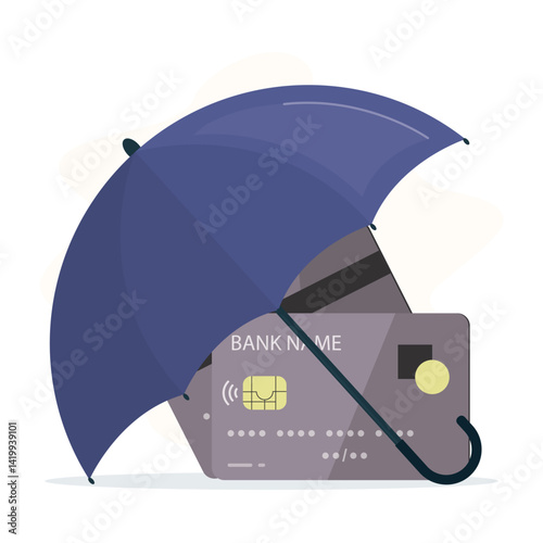 Umbrella cover credit cards. Secured banking, financial insurance, e-commerce. Deposit, savings protection, financial risk and safety. Plastic card under protection.