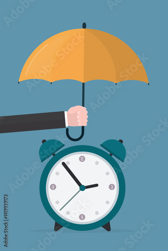 Alarm clock under umbrella. Time management, deadline concept. Businessman hand uses umbrella and protecting clock, your time protection and optimization.