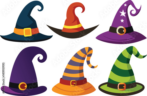 Wizard spooky hats set. Halloween witch hats, Halloween party costume elements flat vector illustrations set.