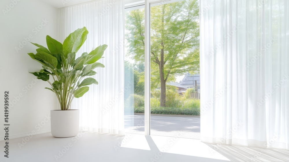 Fototapeta premium Large Tropical Plant in White Pot Sheer Curtains Bright Sunlight Wide Angle Shot Minimalist Interior Design Peaceful Atmosphere Home Decor Bright White Tones Ideal for Real Estate Listings