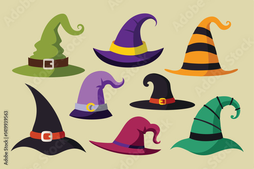 Wizard spooky hats set. Halloween witch hats, Halloween party costume elements flat vector illustrations set.