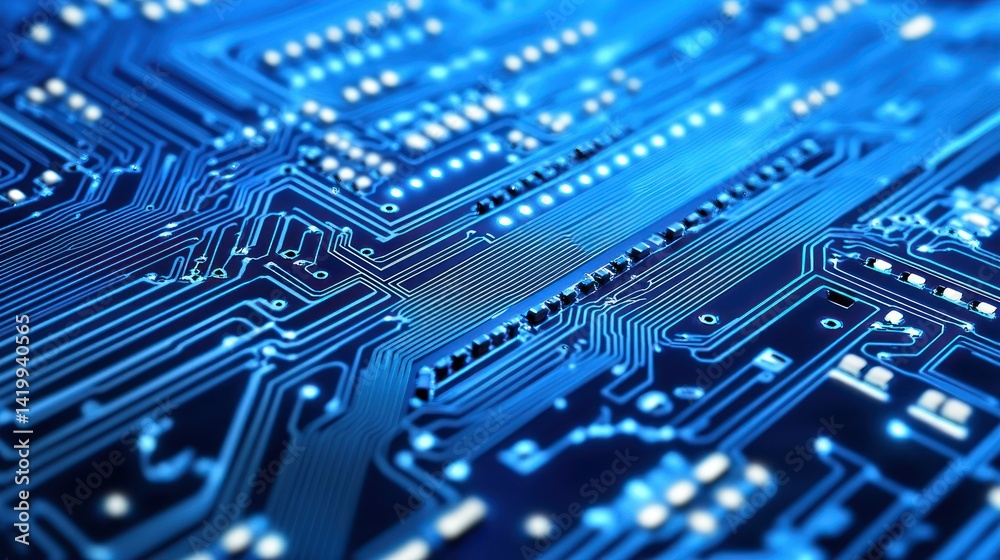 Glowing blue computer circuit board with intricate and modern design Glowing blue computer circuit board with intricate and modern design