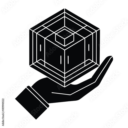 Tech hand holding hologram cube on white background