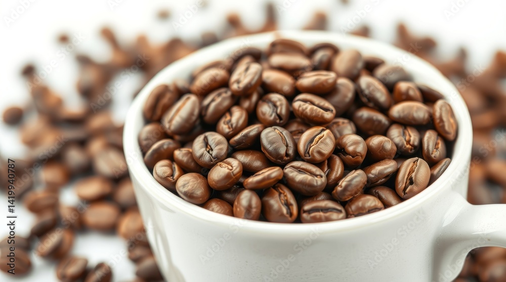 Fototapeta premium Roasted coffee beans in a white cup. Close-up view of many whole coffee beans, rich brown color, filling a small white cup. A focus on the beans inside the cup, with blurred beans scattered around