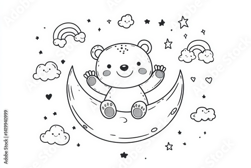 Black and white line art of a cute cartoon bear sitting on the moon, surrounded by clouds, stars, and hearts in a night sky. Adorable kids coloring page or bedtime theme art.