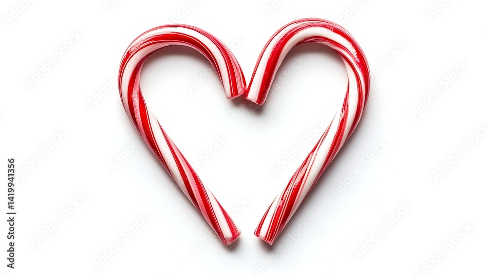 Two candy canes crossed together to form a heart shape, isolated on a white background Two candy canes crossed together to form a heart shape, isolated on a white background