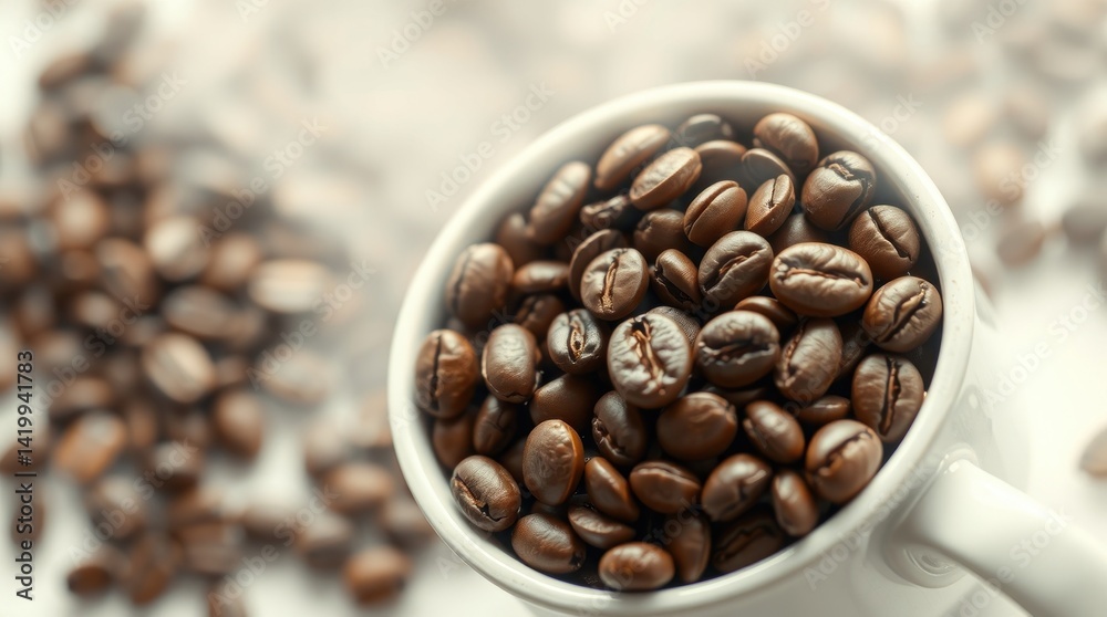 Fototapeta premium A white mug filled with roasted coffee beans, steam rising