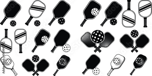  Set of Pickleball Paddles with Perforated Balls – Flat Black Icons Ideal for Logos, Posters, and Print Media