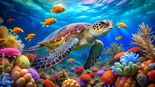 Serene Underwater Scene Majestic Sea Turtle Gracefully Navigating Vibrant Coral Reef Ecosystem with Colorful Fish photo