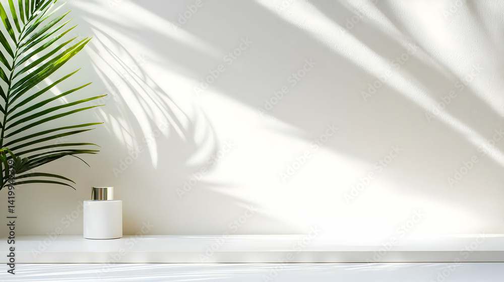 Fototapeta premium Elegant White Background With Palm Leaf Shadow And Display