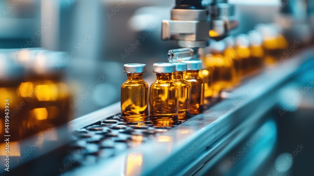 Medical vials on production line at pharmaceutical factory, Pharmaceutical machine working pharmaceutical glass bottles production line, health care, pandemic Medical vials on production line at pharmaceutical factory, Pharmaceutical machine working pharmaceutical glass bottles production line, health care, pandemic