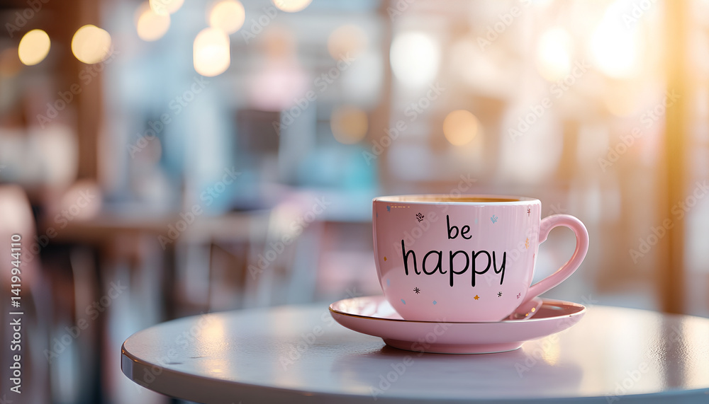 be happy on pink coffee cup stands on table on sunny day over white cafe background be happy on pink coffee cup stands on table on sunny day over white cafe background