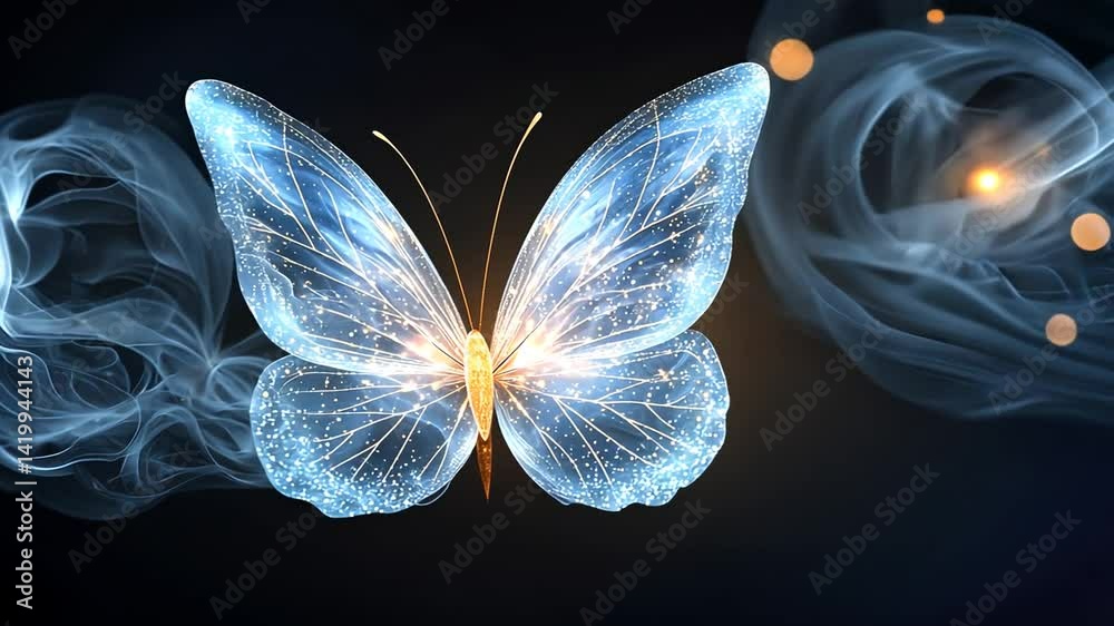 Abstract butterfly with smoky details and glowing particles against dark background