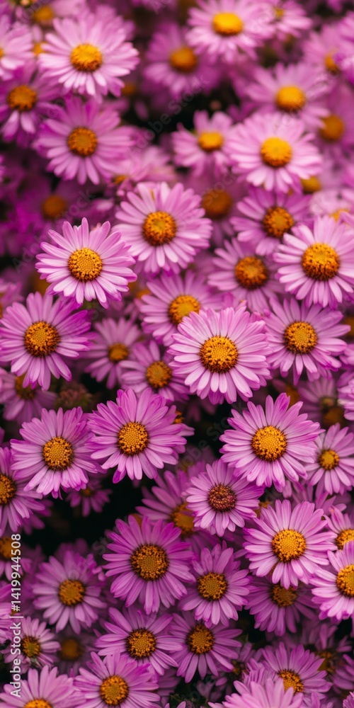 Close up view of numerous purple daisies with yellow centers, densely packed together. The image features a vibrant purple hue and a shallow depth of field. Close up view of numerous purple daisies with yellow centers, densely packed together. The image features a vibrant purple hue and a shallow depth of field.