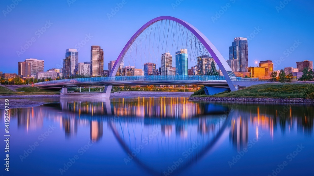 Naklejka premium A modern bridge spans the river in front of city buildings