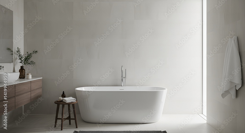 Fototapeta premium * Modern White Freestanding Bathtub * Elegant Acrylic Bathtub in Minimalist Bathroom * Stylish Swan Bathtub in Contemporary Setting * Luxury White Bathtub with Clean Design * Sleek Freestanding Tu