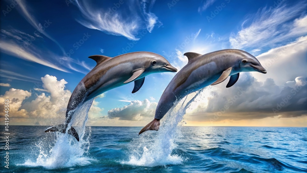 Fototapeta premium Oceanic Ballet Two Dolphins Leap Gracefully Through Azure Waters Under a Dramatic Sky