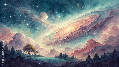 Obraz na płótnie Cosmic Landscape with Colorful Galaxy and Trees w salonie