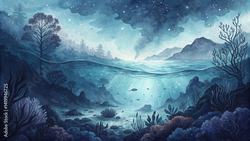 Obraz na płótnie Underwater Scene with Stars and Mystical Vibes w salonie