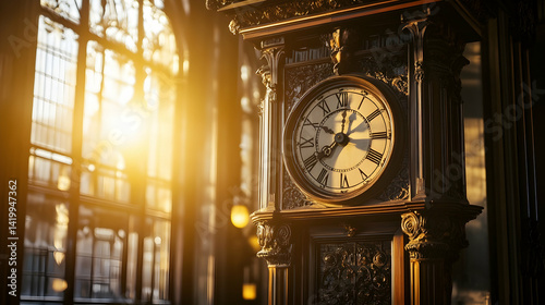 An ornate vintage clock displayed in a historic building, bathed in sunlight