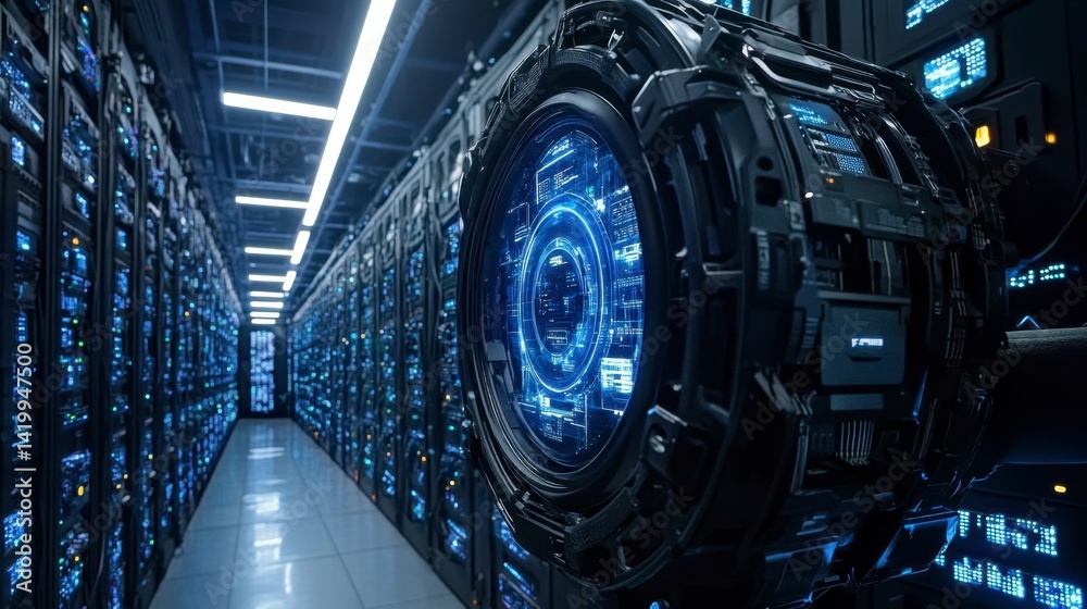 Fototapeta premium Futuristic server room with glowing blue circular technology and rows of data storage units.