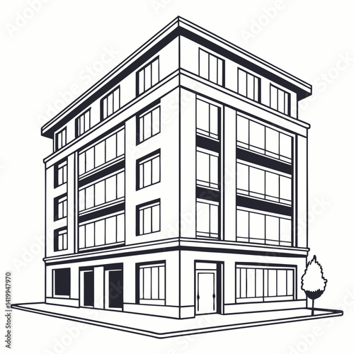 Modern Urban Building Facade Illustration With A Tree In Minimal Style