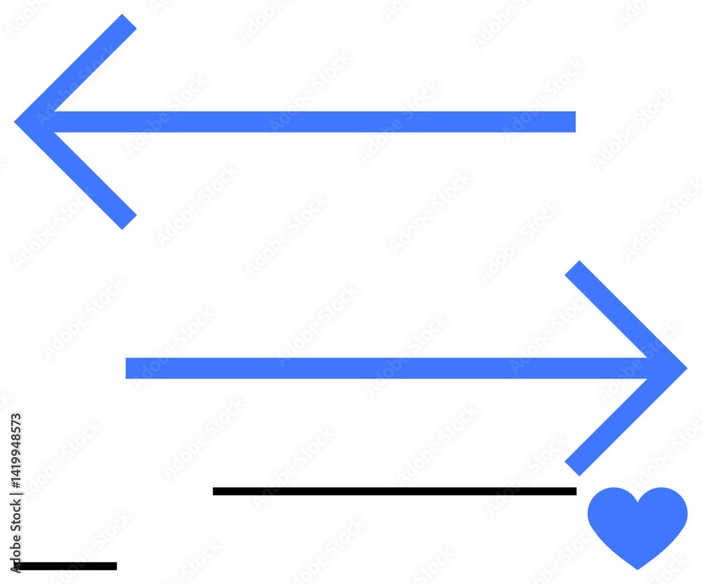 Blue arrows pointing opposite directions, black lines for balance, blue heart symbolizing positivity. Ideal for navigation, direction, contrast, connection, movement, love simple landing page Blue arrows pointing opposite directions, black lines for balance, blue heart symbolizing positivity. Ideal for navigation, direction, contrast, connection, movement, love simple landing page