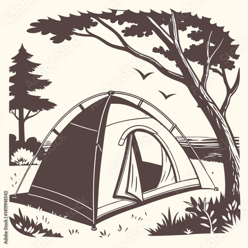 Tent In Wilderness Camping Scene With Trees And Birds In Brown Monochrome