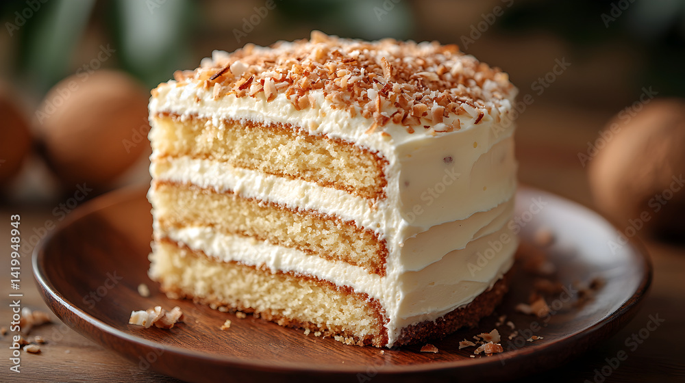 Coconut layer cake with creamy coconut filling and rich frosting on rustic dish Coconut layer cake with creamy coconut filling and rich frosting on rustic dish