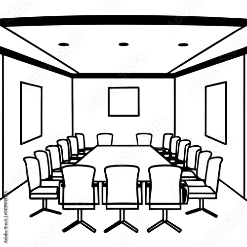 Minimalist Line Art Conference Room With Table And Chairs Vector Illustration
