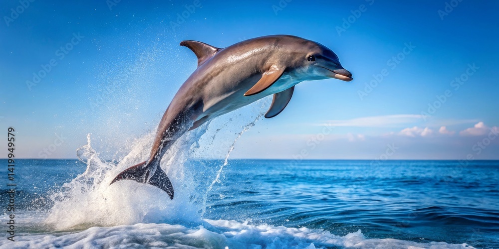 Fototapeta premium Oceanic Mammal Leaps High Above the Waves, Displaying Grace and Power in a Breathtaking Aerial Maneuver