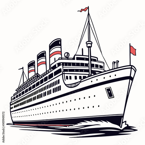 Illustration Of A Classic Ocean Liner Sailing With Red Flags On Top