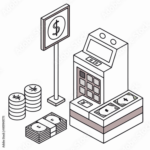 Isometric Atm Machine Cash Dollar Yen Currency Financial Services Illustration
