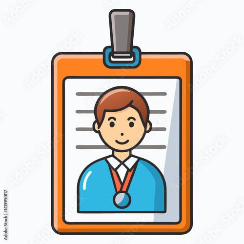 Cartoon Man In Identification Card With Orange Border And Silver Clip