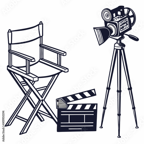 Film Industry Illustration Featuring Director Chair Old Camera And Clapperboard Vector