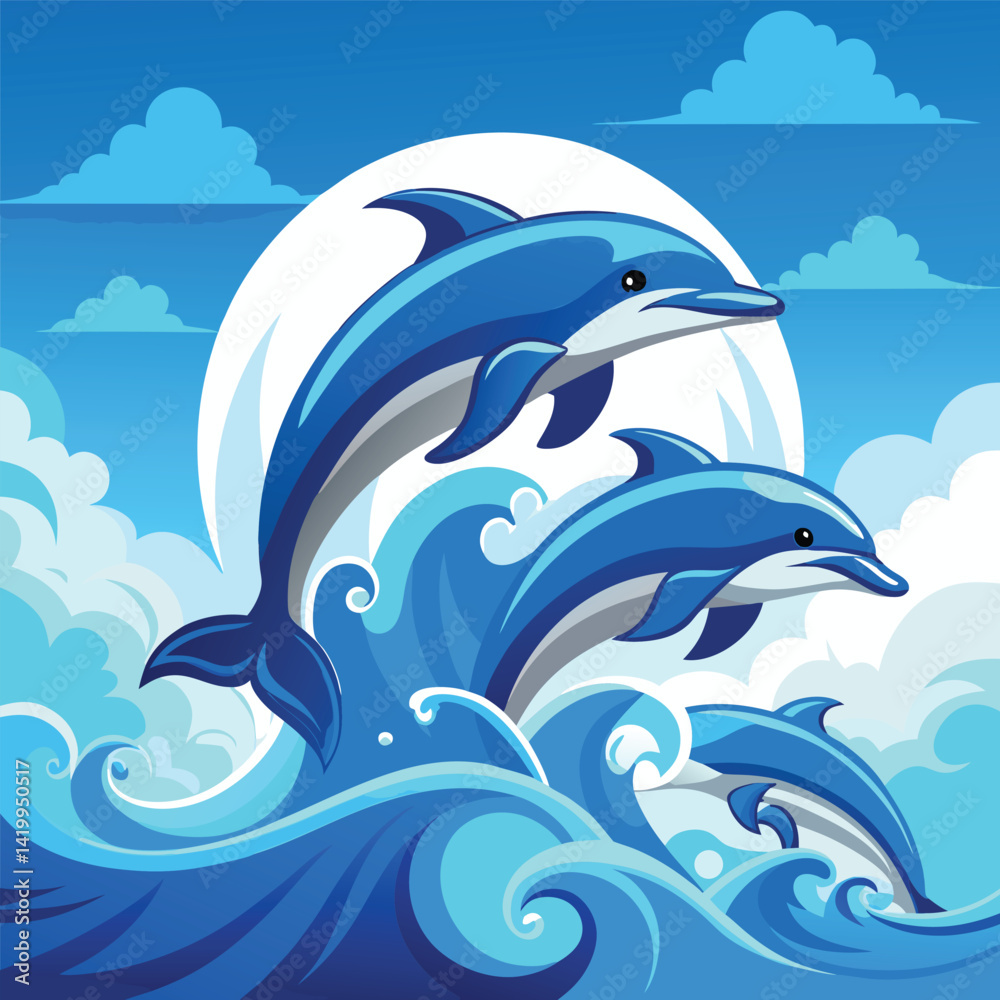 Obraz premium A playful pod of dolphins leaps joyfully above the crashing waves under a bright blue sky.