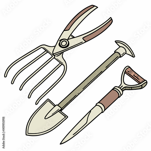 Garden Tools Illustration Shovel Fork And Pruning Shears For Gardening Activities