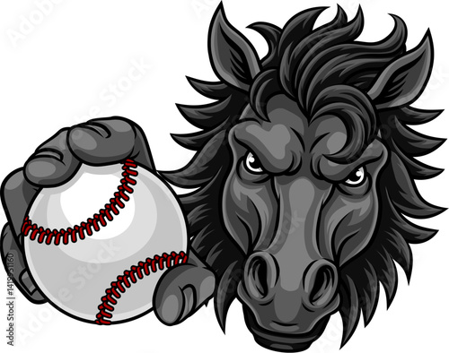 Horse mustang bronco stallion baseball softball angry sports team mascot holding a ball.