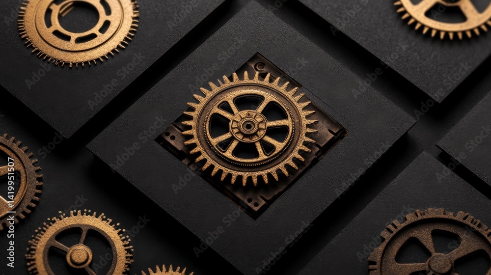 Obraz premium Gold gears on black square background. Steampunk style. Mechanical engineering concept.