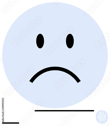 Blue circle with sad expression, black eyes, curved mouth, minimal lines, faint fingerprint overlay. Ideal for emotion, feedback, depression, mental health dissatisfaction communication