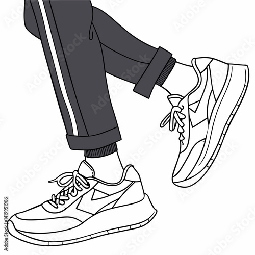 Cartoon Legs In Sneakers And Joggers Outline Vector Illustration Graphic Style