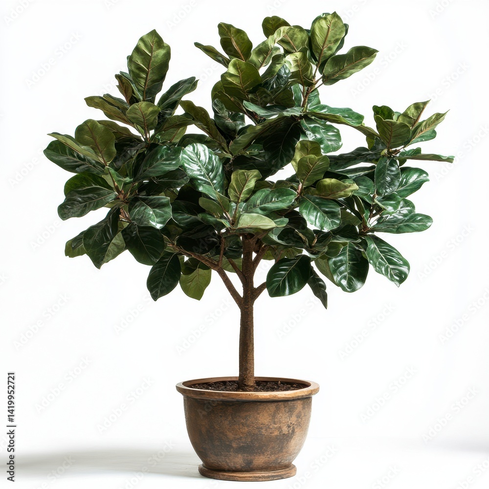 Fototapeta premium Green fiddle leaf fig tree in a brown pot against a white background.