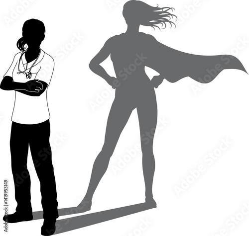A superhero medical doctor or nurse woman health care worker revealed by her shadow silhouette as a super hero in a cape.