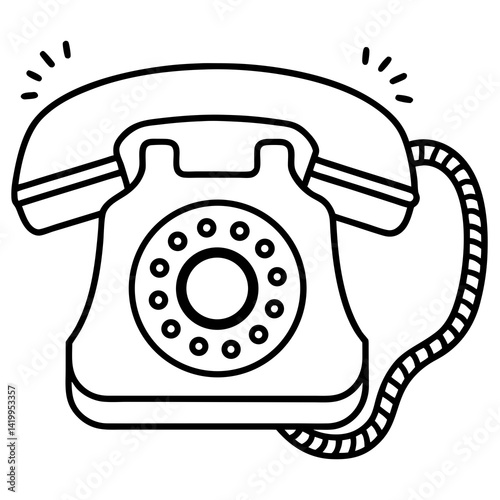 Ringing Black And White Telephone Illustration Line Art Style Nostalgic Communication Device
