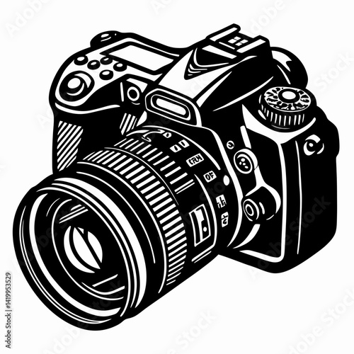 Black And White Dslr Camera Detailed Vector Illustration On White Background