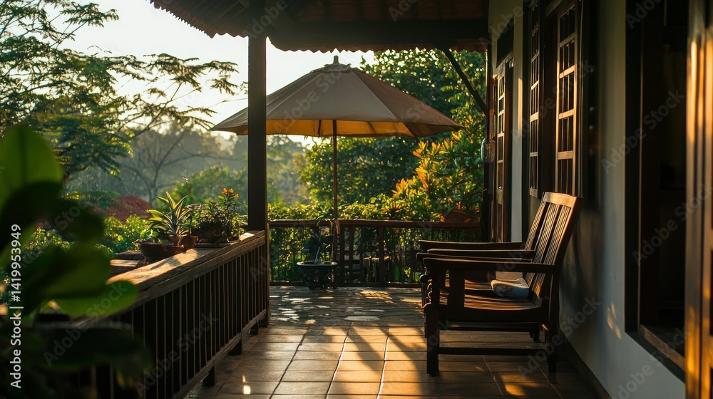 A wooden porch overlooking a lush natural landscape scene A wooden porch overlooking a lush natural landscape scene