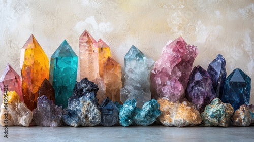 Array of colorful natural quartz crystals and gemstones arranged in a row with vibrant hues including orange green blue pink purple and clear on neutral background