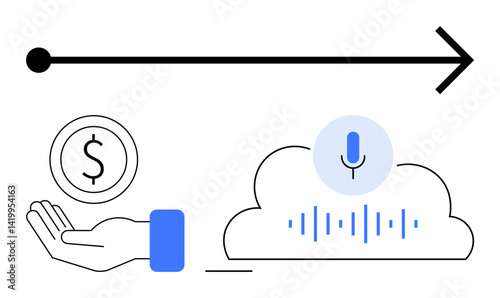 Hand holding currency symbol, cloud with voice recognition and sound waves, forward arrow. Ideal for finance, technology, savings, automation, innovation, progress and simple landing page